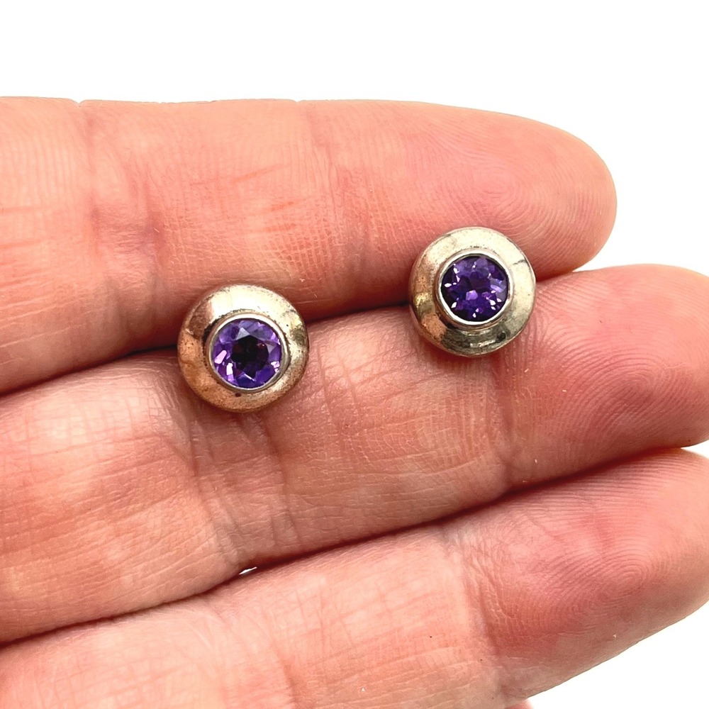 Sterling Silver Round Amethyst Bezel Set Stud Earrings Purple Gemstone